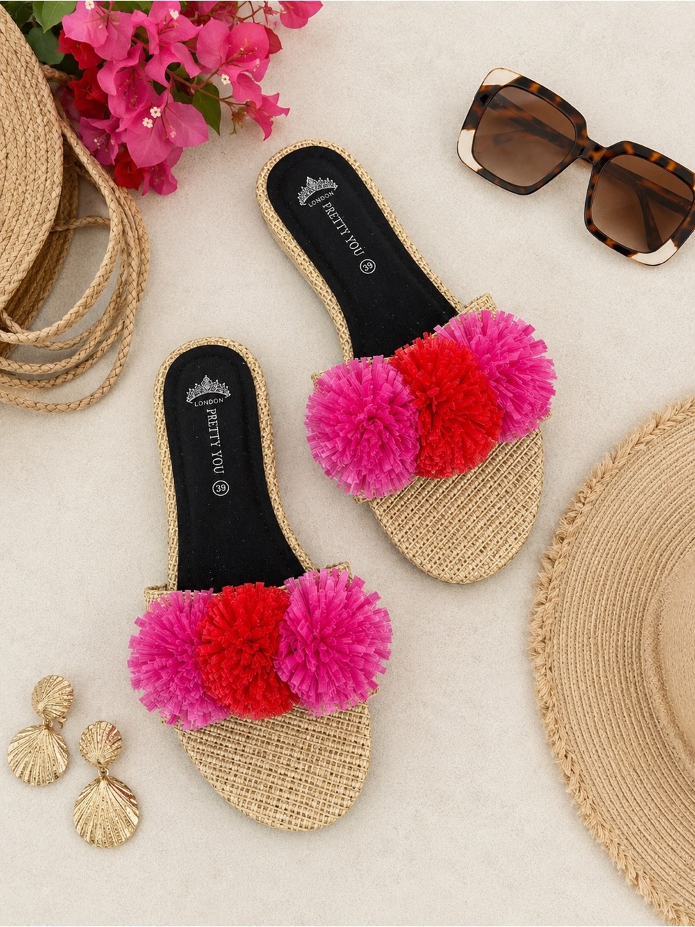 Pretty You London Raffia Pom Pom Slides Pink Red Resort Sandals Size 8